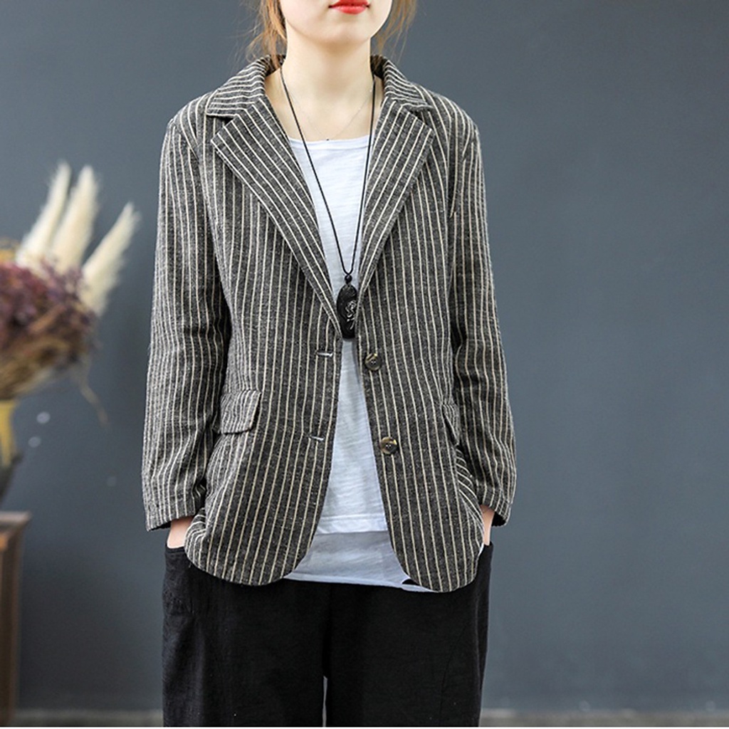 Áo Blazer nữ dáng suông 1 lớp, chất vải linen mềm mịn, thời trang phong cách Nhật Bản - Xám sọc trắng