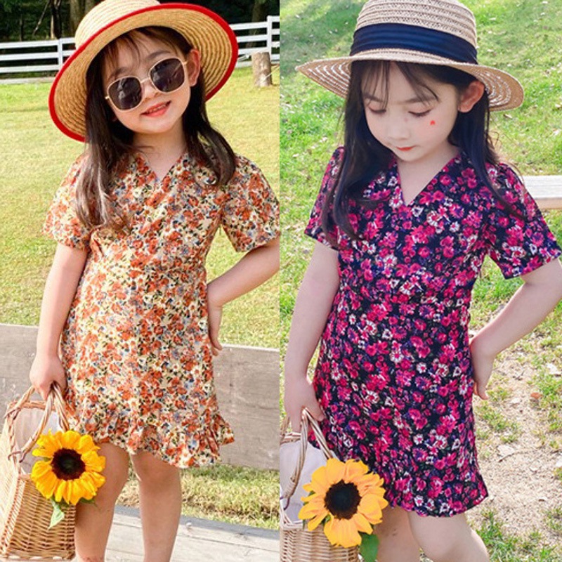 Đầm Hoa Ngắn Tay Cổ Chữ V Cho Bé Gái