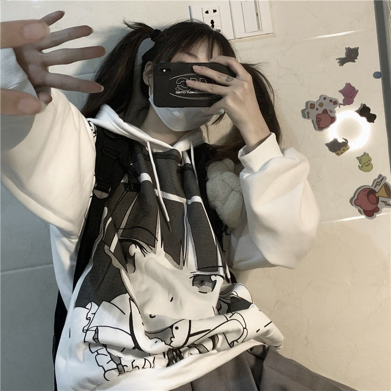 Áo Hoodie Tay Dài Dáng Rộng In Hình Truyện Tranh Cá Tính Phong Cách Hàn Quốc