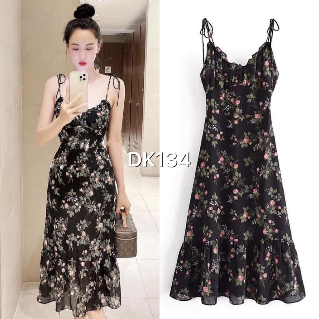 VÁY 2 DÂY NỮ ĐUÔI CÁ HOA HỒNG ĐEN QUYẾN RŨ SANG TRỌNG DK134