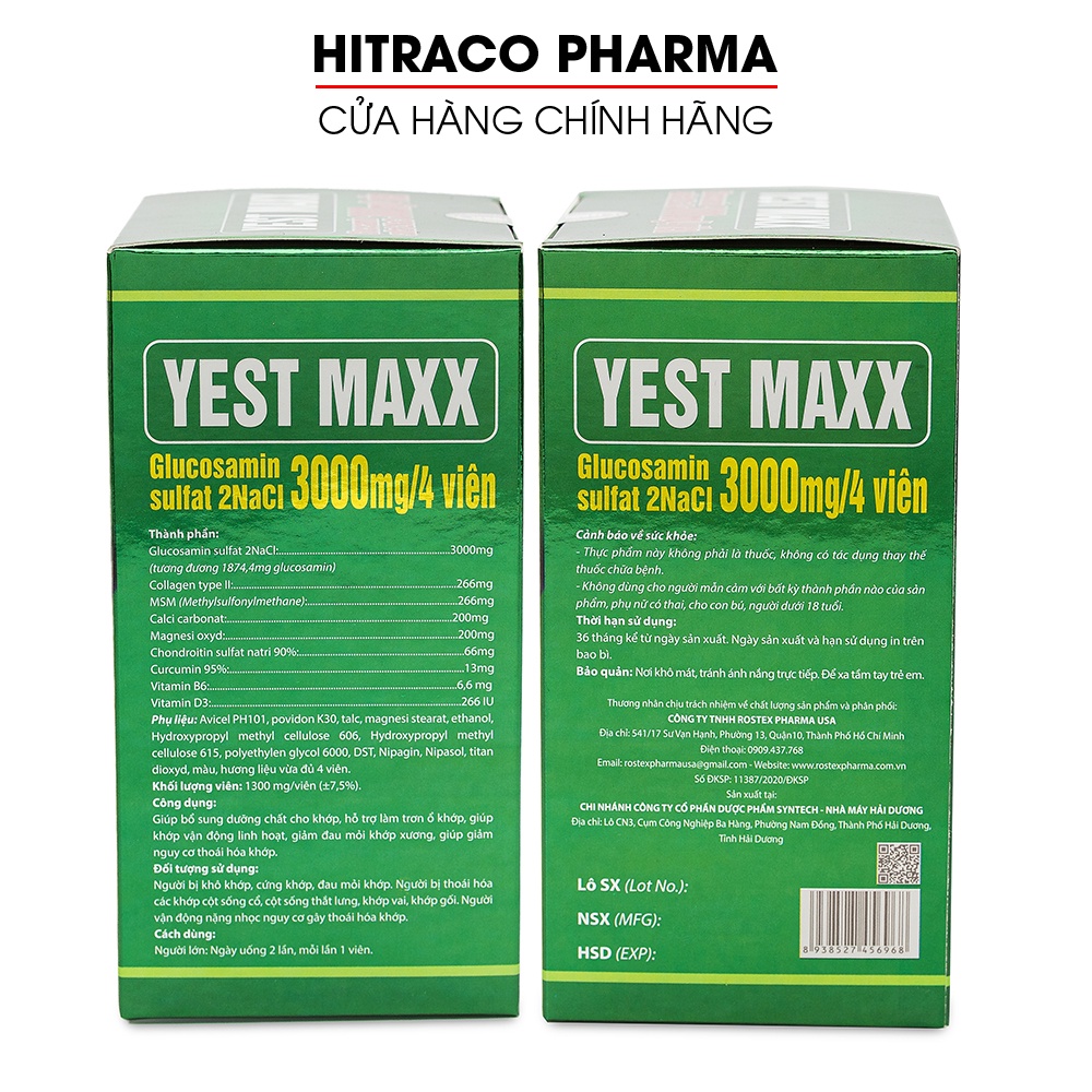Viên uống bổ xương khớp Glucosamin 3000mg Yest Maxx - Chai 60 viên [Glucosamin 3000mg Yest Maxx -Xanh]
