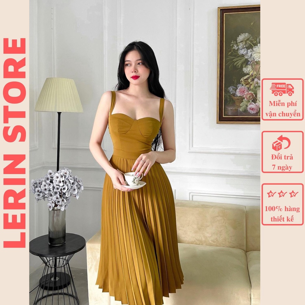 Váy Hai Dây Đầm Nữ Thiết Kế Xếp Li Tôn Dáng Ba Màu Vàng Hồng Đen Tiểu Thư Lerin V163