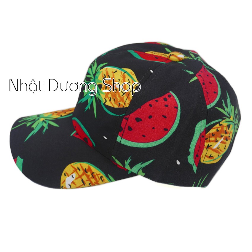 Nón kết đi biển, đi du lịch họa tiết Dưa hấu &amp; Thơm - Đen chất liệu vải Cotton thích hợp cho nam và nữ