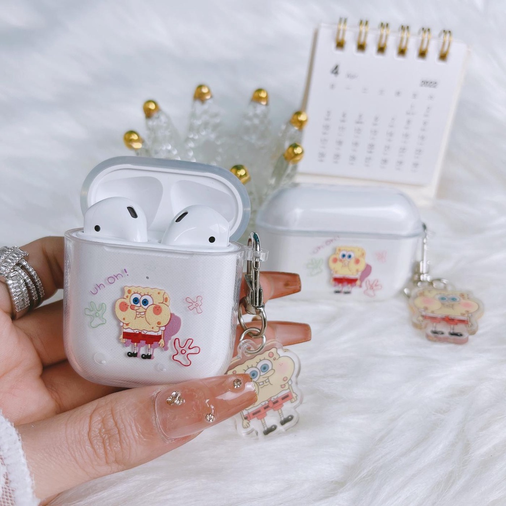 Vỏ Bảo Vệ Hộp Sạc Tai Nghe Bluetooth AirPods 1/2/3/Pro 2021 inPods i12 Bằng Tpu Mềm Trong Suốt Họa Tiết Hoạt Hình Spongebob