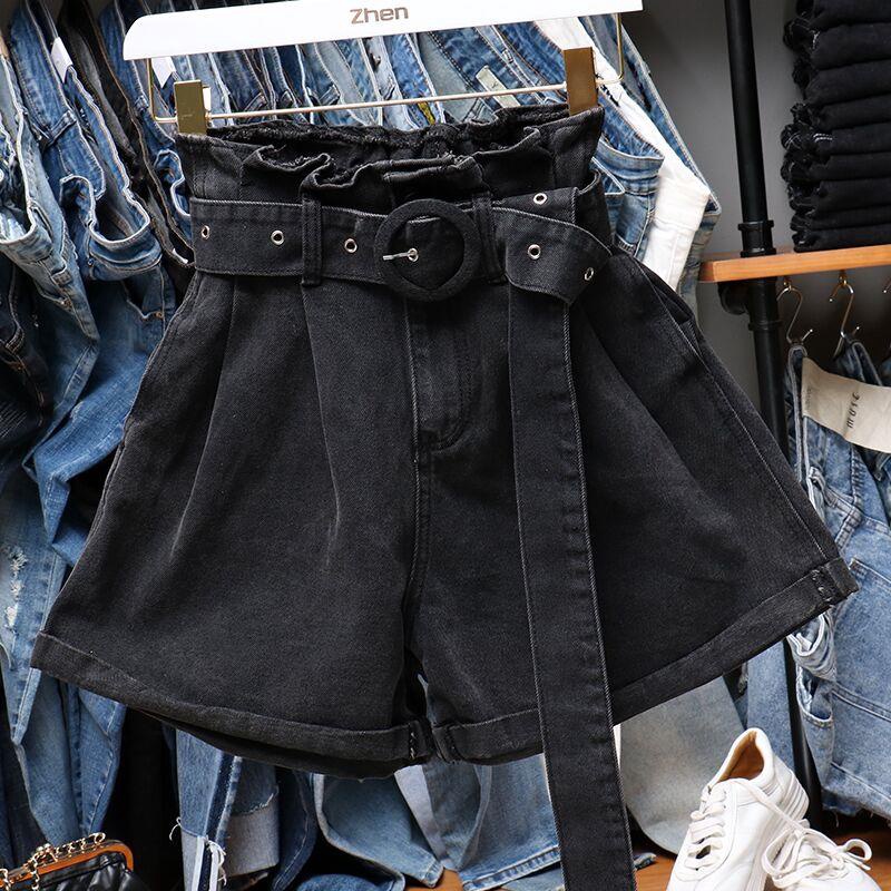 Quần Short Denim Lưng Cao Ống Rộng Màu Đen Phong Cách Hàn Quốc Thời Trang Mùa Hè Cho Nữ