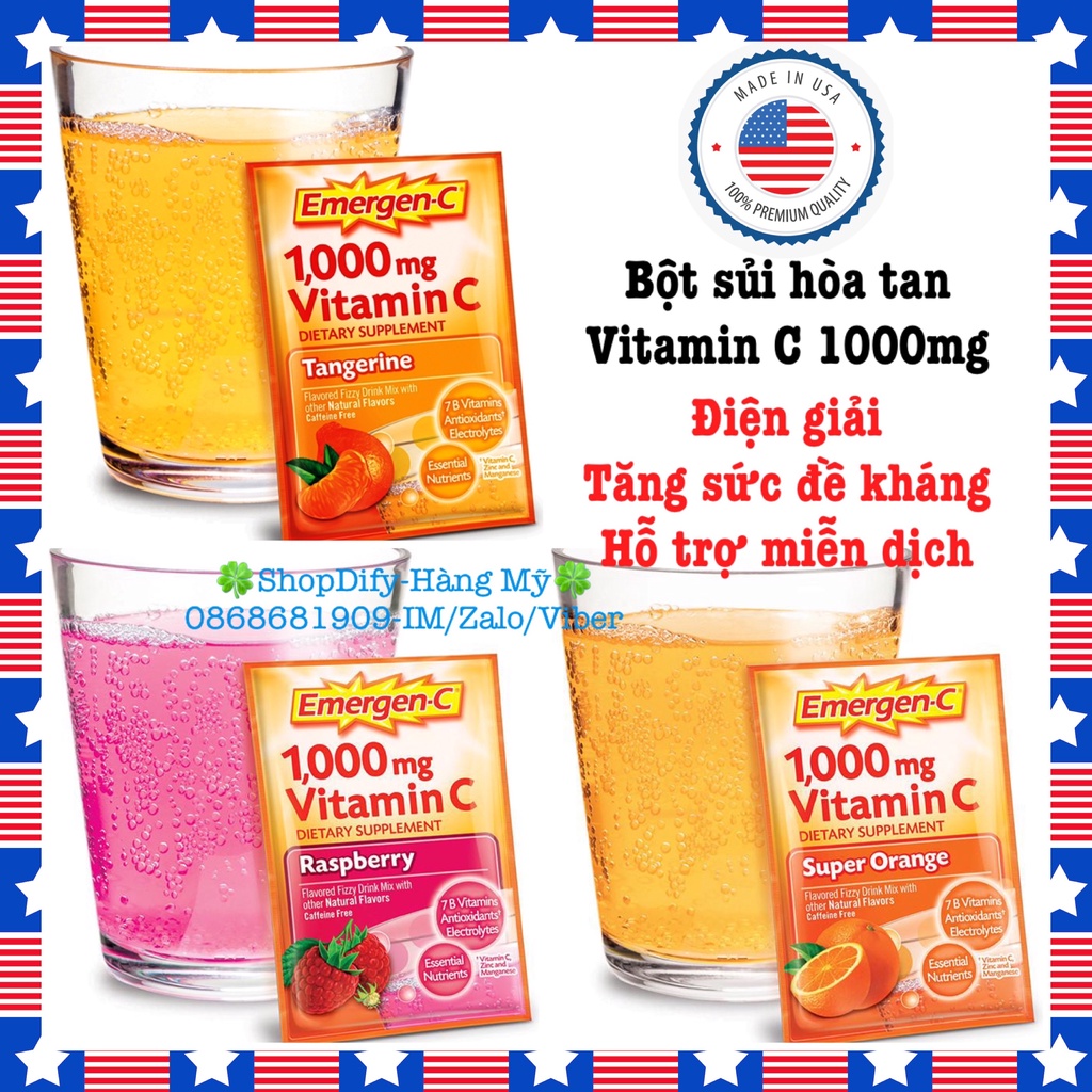 Gói Bột sủi hòa tan Vitamin C 1000mg EmergenC Daily Immune Support Tăng Sức Đề Kháng vị Cam, Quýt, Phúc bồn tử của Mỹ