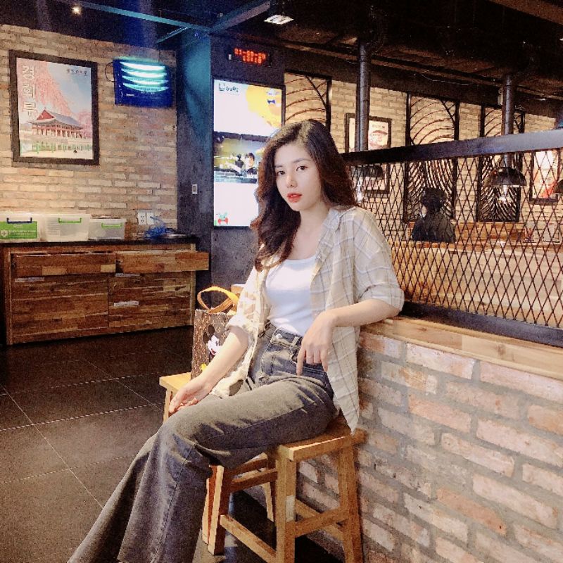 Áo Sơmi Caro Nữ, Áo Sơ Mi Tay Dài Kẻ Sọc Caro Form Rộng Ba Màu