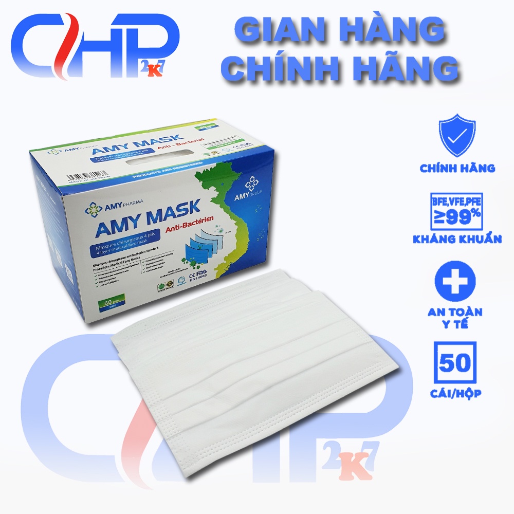 (ktyt Trắng) Hộp khẩu trang y tế 4 lớp kháng khuẩn màu Trắng quai ngoài 50 cái