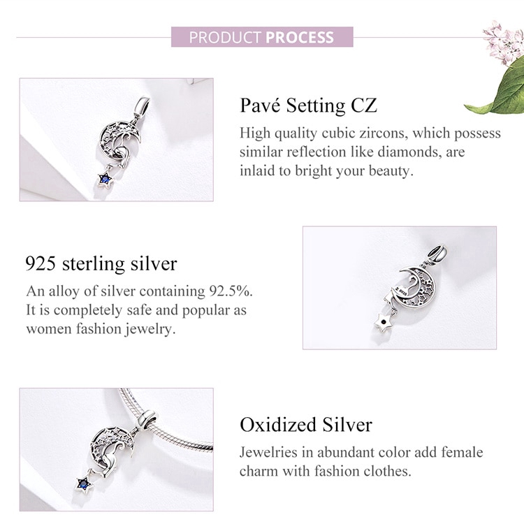 Charm Bamoer SCC1205 Bằng Bạc 925 Hình Mặt Trăng Ngôi Sao Và Mèo Vintage Dùng Làm Vòng Tay/dây Chuyền