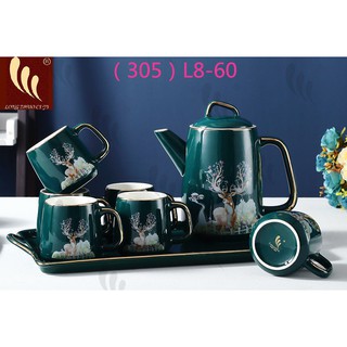 BỘ ẤM CHÉN SỨ màu XANH cổ vịt - hình HƯƠU L8-60 (305)