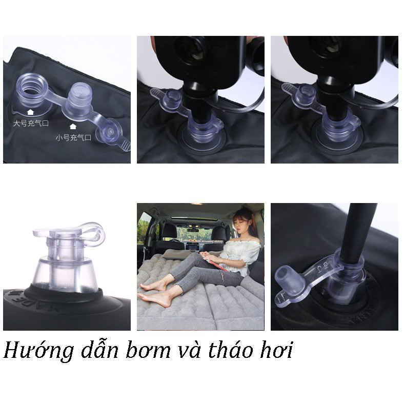 Đệm hơi xe 7 chỗ kích thước 174x118 cm phủ nỉ nhung kèm bơm và 2 gối có chân dự phòng hàng ghế 2