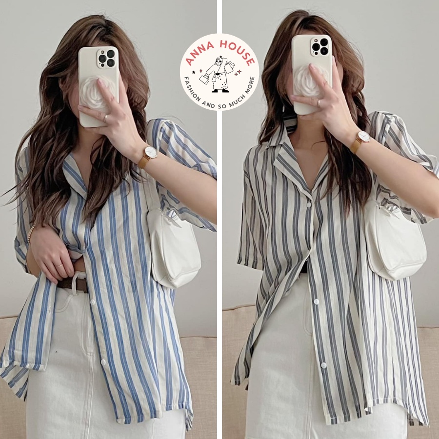 Áo sơ mi nữ cộc tay cổ vest kẻ sọc xanh, xám chất đũi form rộng, Áo sơ mi nữ tay ngắn, dài cổ vest kẻ sọc Freesize