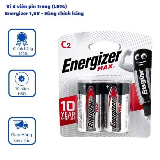 [VỈ 2 VIÊN] Pin Trung C Alkaline Energizer max chính hãng