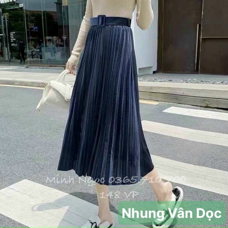 CHÂN VÁY XẾP LY NHUNG VÂN Ô VUÔNG KÈM ĐAI -hàng Quảng Châu