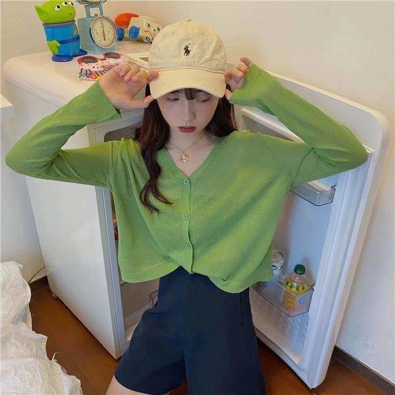 Áo Cardigan Dệt Kim Mỏng Tay Dài Cổ Chữ V Thời Trang Mùa Hè Phong Cách Hàn Quốc Cho Nữ