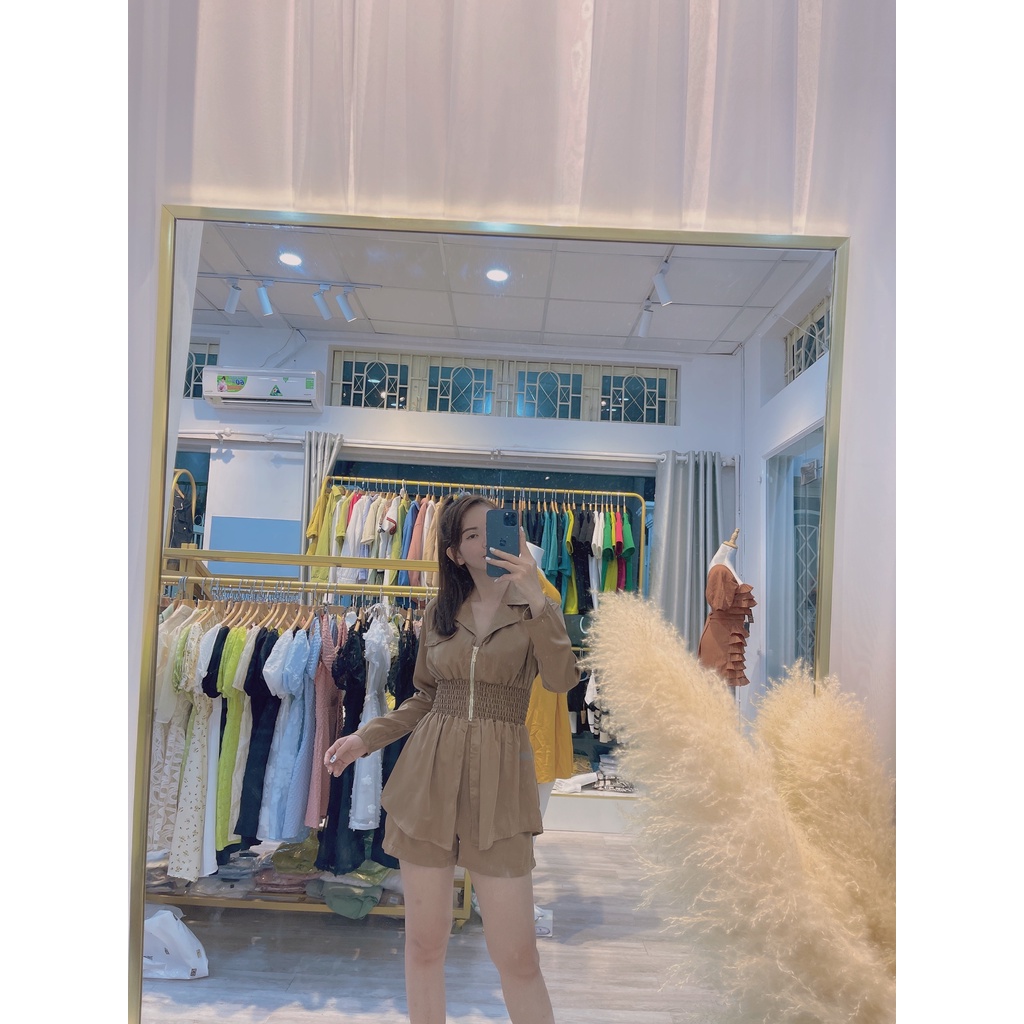 Set áo kiểu nhún eo dây kéo cổ vest tay dài + quần short