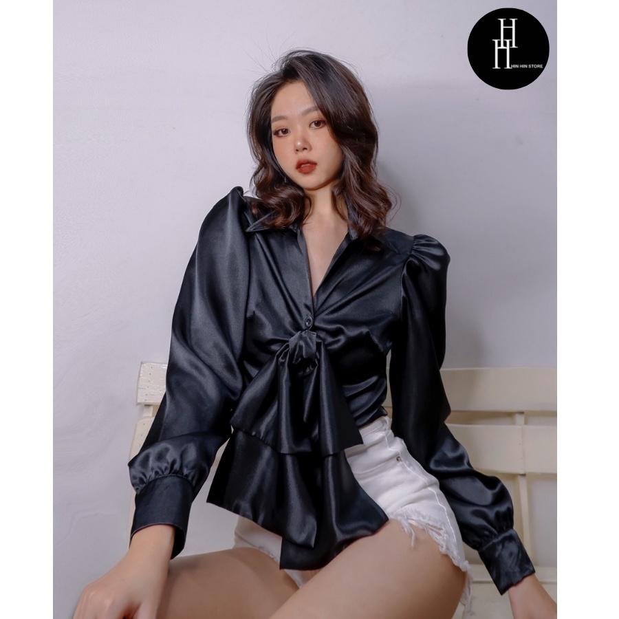 Áo sơ mi nơ ngực tháo rời tay dài màu trắng &amp; đen HAF46 Hỉn Hỉn Store