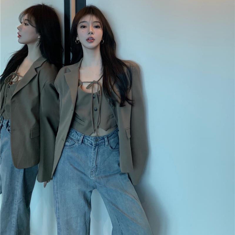 Set Áo Vest + Áo Vest + Quần Dài Ống Rộng Lưng Cao Phong Cách Retro Mùa Thu Mới Cho Nữ