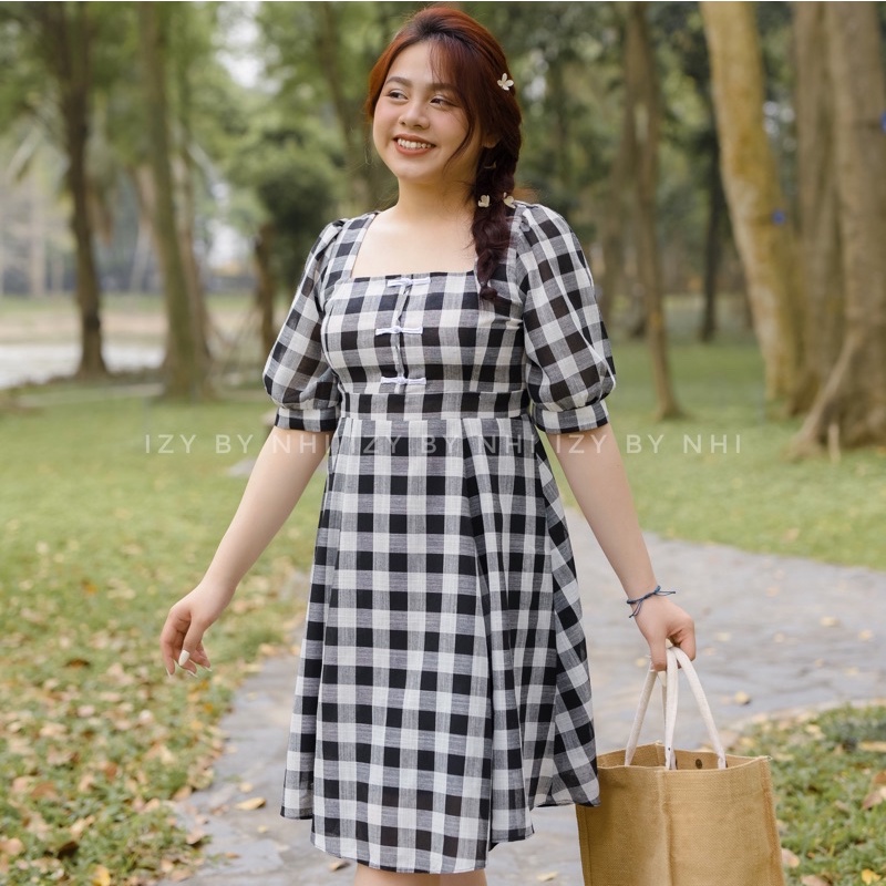 ĐẦM VÁY KẺ CARO BIGSIZE CÚC SƯỜN XÁM BABYDOLL - IZYBYNHI