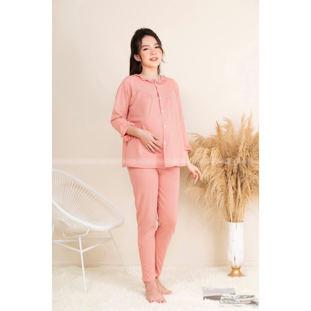 Bộ Bầu Mặc Nhà 100% Cotton Mềm Mại Mở Cúc, Đồ Bầu Sau Sinh Có Khóa Mở Cho Bú Và Chun Chỉnh Bụng Bella Mama - BN2