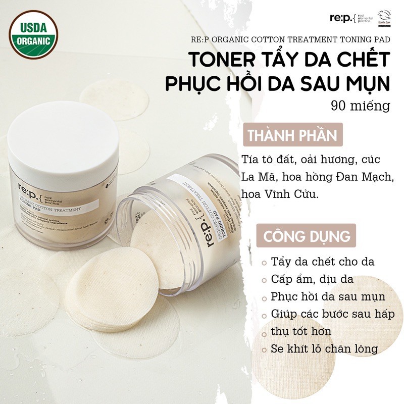 Toner Pad Dưỡng Ẩm, Dịu Nhẹ RE:P Organic Cotton Treatment Toning Pad 90 Pads -130g