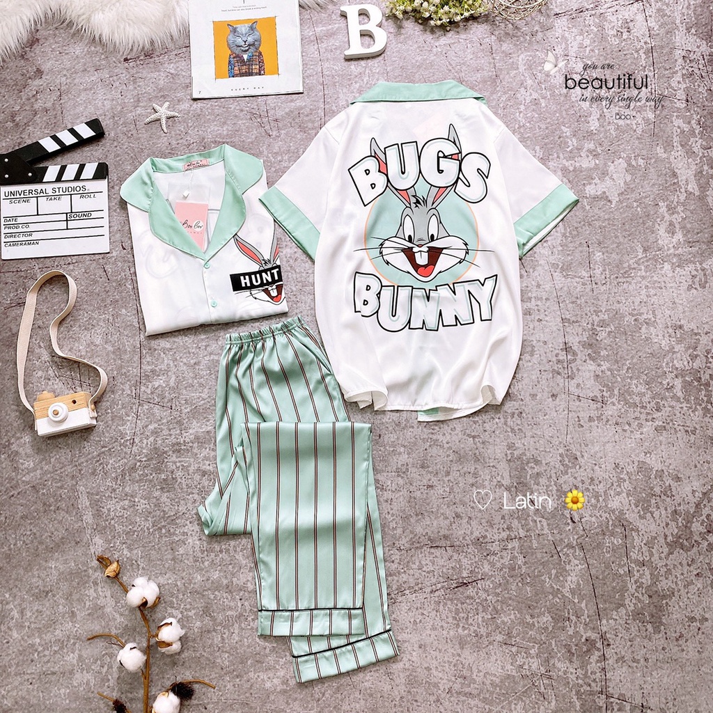 Đồ bộ nữ mặc nhà lụa latin cao cấp cổ pijama - Bunny