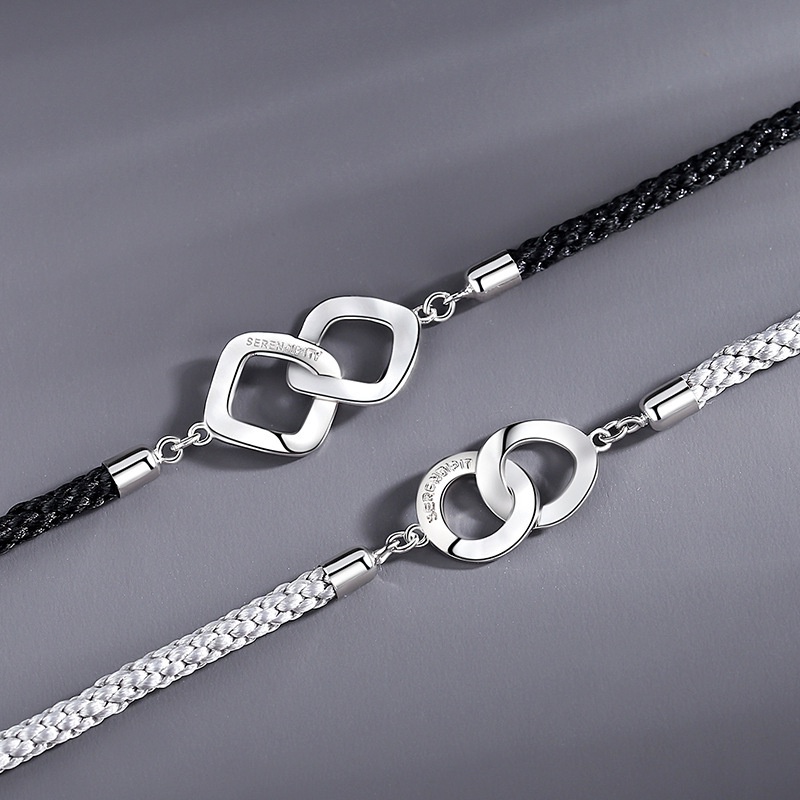 Vòng Tay Dây Bện Phối Nhẫn Kim Cương Phong Cách Hàn Quốc Cho Cặp Đôi