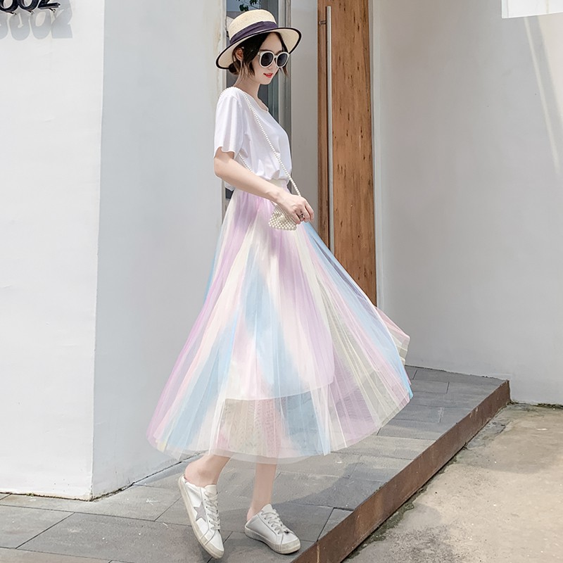 Chân váy xòe tutu màu sắc cầu vồng phong cách Hàn Quốc dành cho nữ