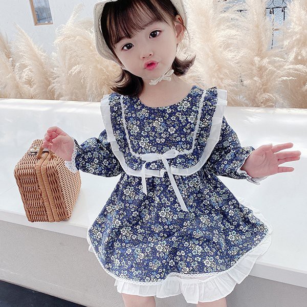 Váy Hoa Dài Tay Viền Bèo Trắng Cho Bé