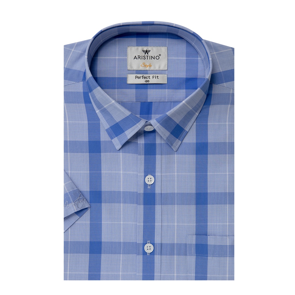 Áo sơ mi nam ngắn tay ARISTINO phom Perfect fit, màu xanh dệt dobby trẻ trung, nam tính - ASS176S1