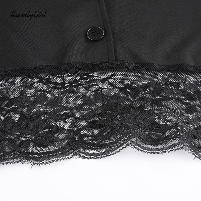 Áo Croptop Tay Dài Cổ Chữ V Màu Trơn Cài Nút Viền Ren Thời Trang Đường Phố Cho Nữ