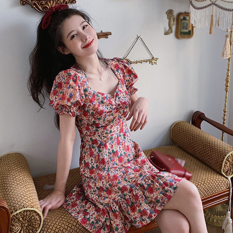 Váy body Tay Ngắn Cổ Vuông In Họa Tiết Hoa Quyến Rũ Phong Cách Hàn Quốc Dành Cho Nữ