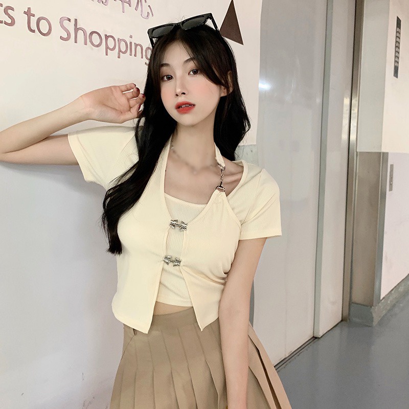 Áo Thun Tay Ngắn Cổ Tròn Giả Hai Lớp Thời Trang Dành Cho Nữ