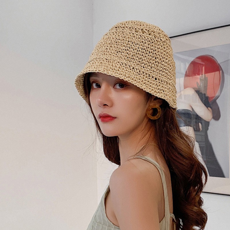 Nón cói Bucket Che mặt Mùa Hè Đi biển Kiểu dáng độc lạ Hàn Quốc Mũ xô Bucket Đan cói Đi du lịch Thời trang