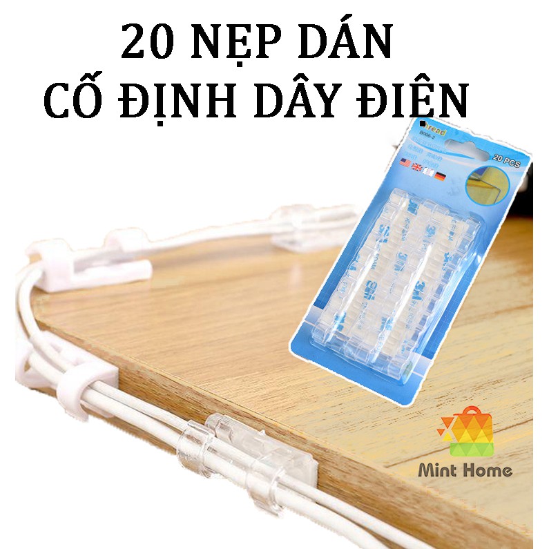 Nẹp dây điện dán tường treo giữ cố định cáp sạc thông minh, bộ kẹp đi dây điện 20 cái có keo 3M