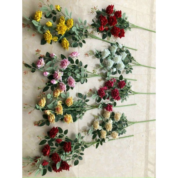 Cành Hoa Hồng Nhung Tàu 9 nhánh Hoa Giả Trang Trí
