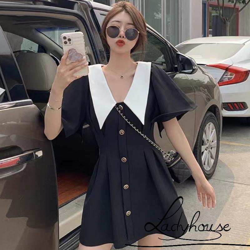 Ldd-đầm Ngắn Tay Mini Cổ Peter Pan Cài Nút Màu Sắc Tương Phản Thời Trang Mùa Hè Cho Nữ