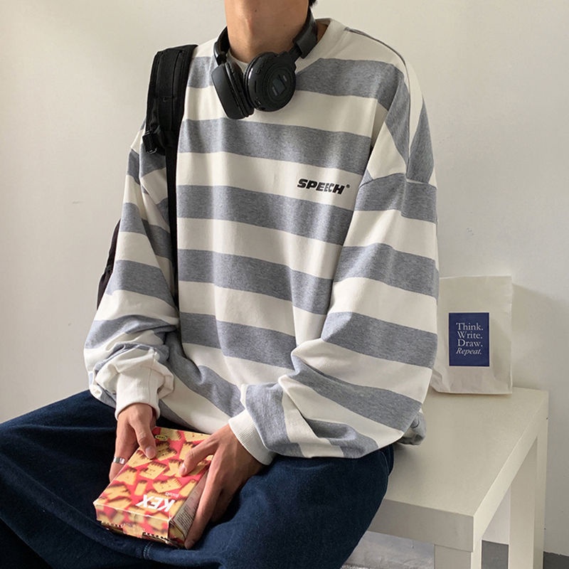 Áo Thun Tay Dài Dáng Rộng Kẻ Sọc Ngang Trẻ Trung Phong Cách Hip-Hop Hàn Quốc Cho Nam