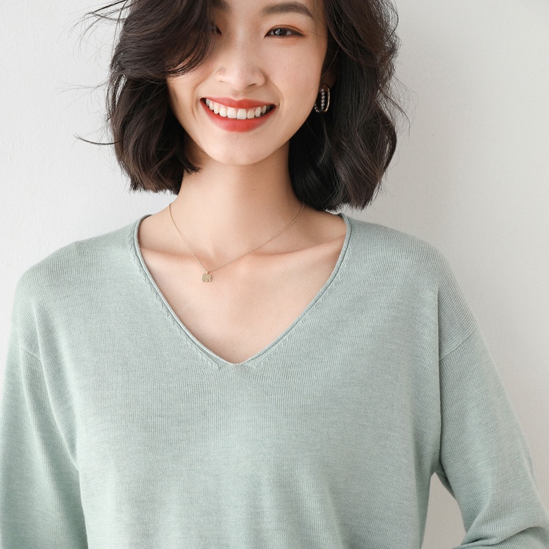 Áo len nữ dài tay cổ tròn cổ V Hàn Quốc dệt kim mỏng  hot trend thu đông 2021; A10 - MOZETO