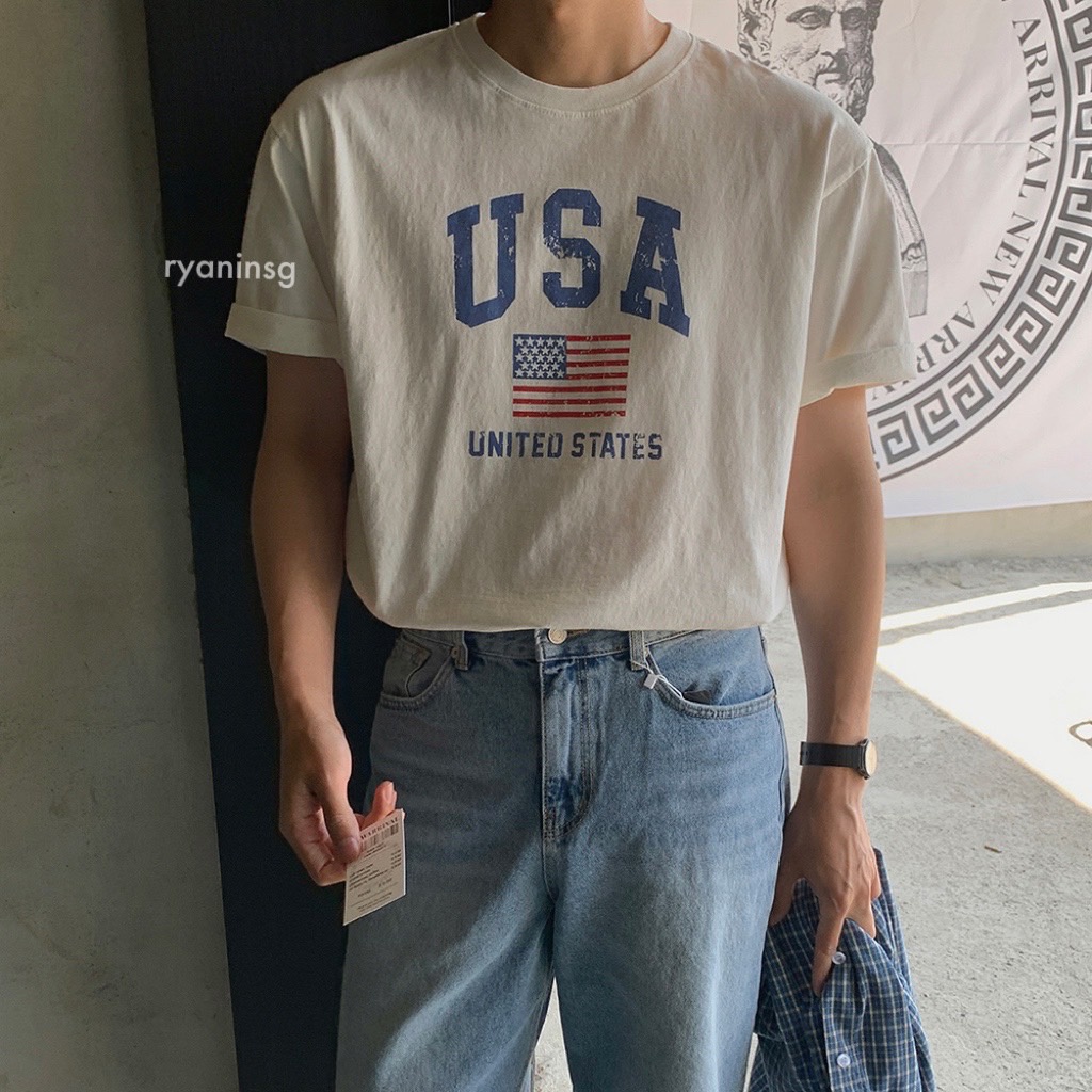 RYAN - Áo thun nam USA ngắn tay vải cotton thương hiệu RYAN form rộng phong cách Hàn Quốc