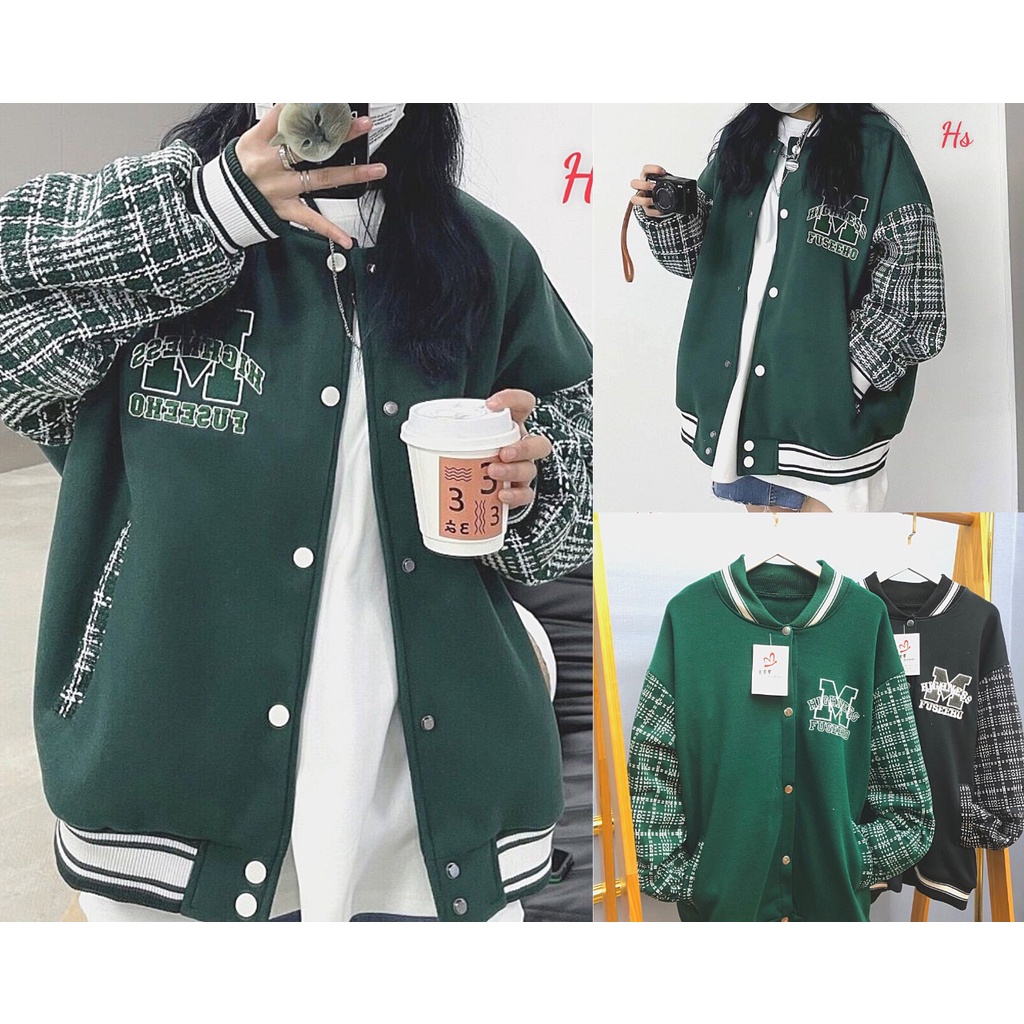 Áo khoác bomber nam nữ thêu chữ M phối tay dạ chất nỉ dày dặn phong cách