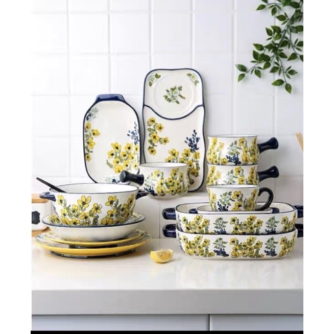 Set bát đĩa ăn sáng họa tiết hoa mai vàng