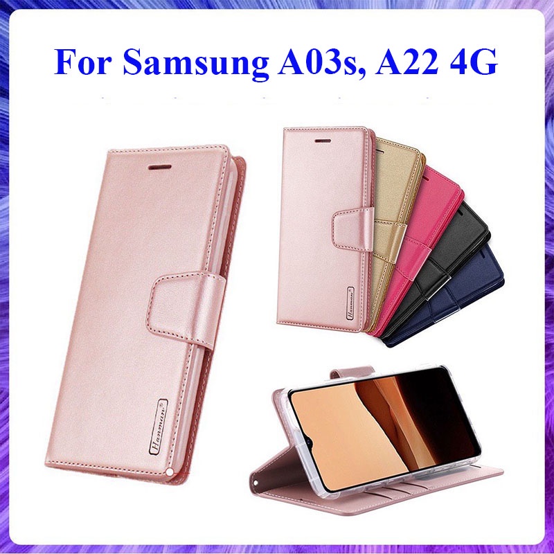 Bao da dạng ví Samsung A03s, Samsung A22 4G hiệu Hanman cao cấp có nắp gập, ngăn đựng thẻ ATM tiền tiện lợi