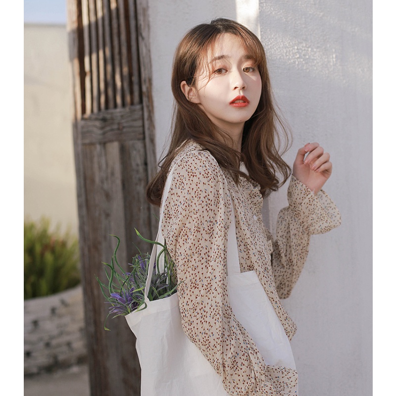 Áo sơ mi chiffon tay dài in họa tiết hoa phong cách retro thời trang