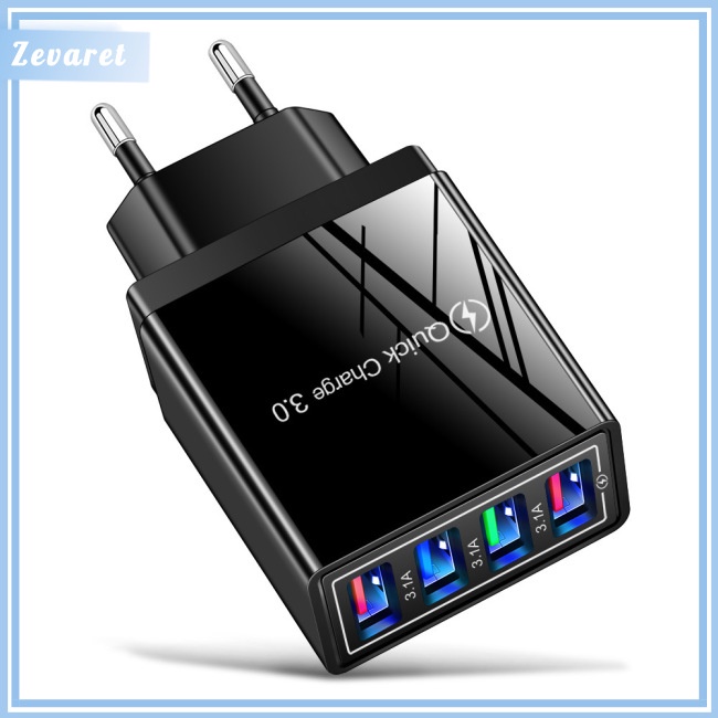Củ Sạc Zevaret 12w 4 Cổng Usb 3a Phích Cắm Us / Eu / Uk Màu Đen Chất Lượng Cao