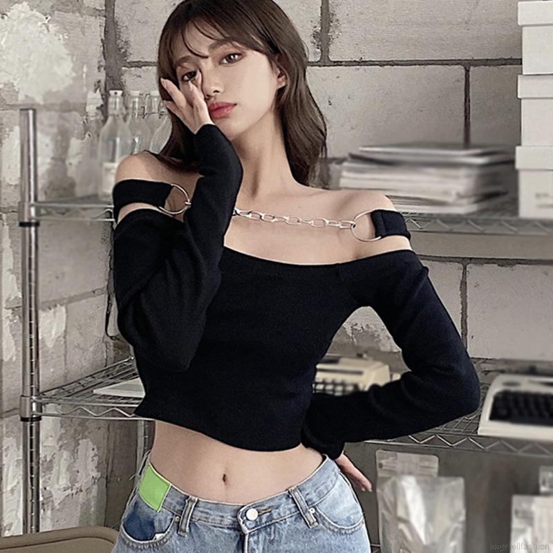 [Baywellfashion]Áo Thun Croptop Tay Dài Thiết Kế Lệch Vai Quyến Rũ Cho Nữ