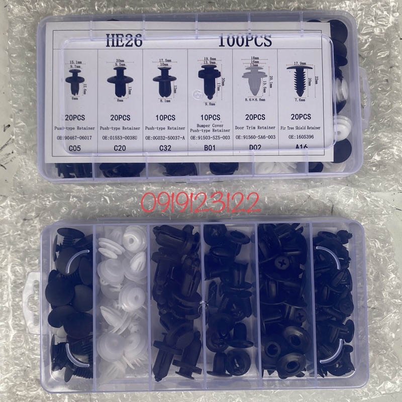 Bộ 100 Chốt Vít Vặn Các Bộ Phận Trên Xe Hơi Chất Liệu Nhựa Kèm Hộp Đựng