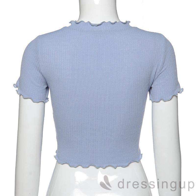 DRESSINGUP-Áo lửng tay ngắn cổ chữ V màu trơn thời trang dành cho nữ