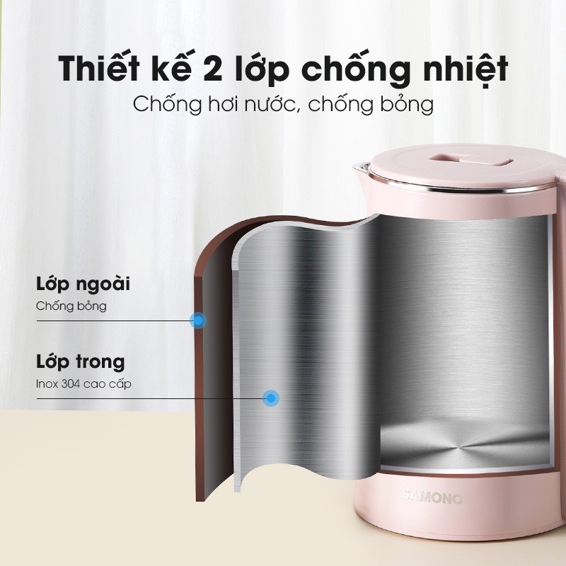 Bình đun siêu tốc Samono SW-EKP13 dung tích lớn 2L công suất 1500W, Ruột ấm bằng inox 304, chống gỉ - Hàng Chính Hãng