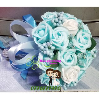 Hoa cưới cầm tay hoa sáp thơm xanh hoa bi